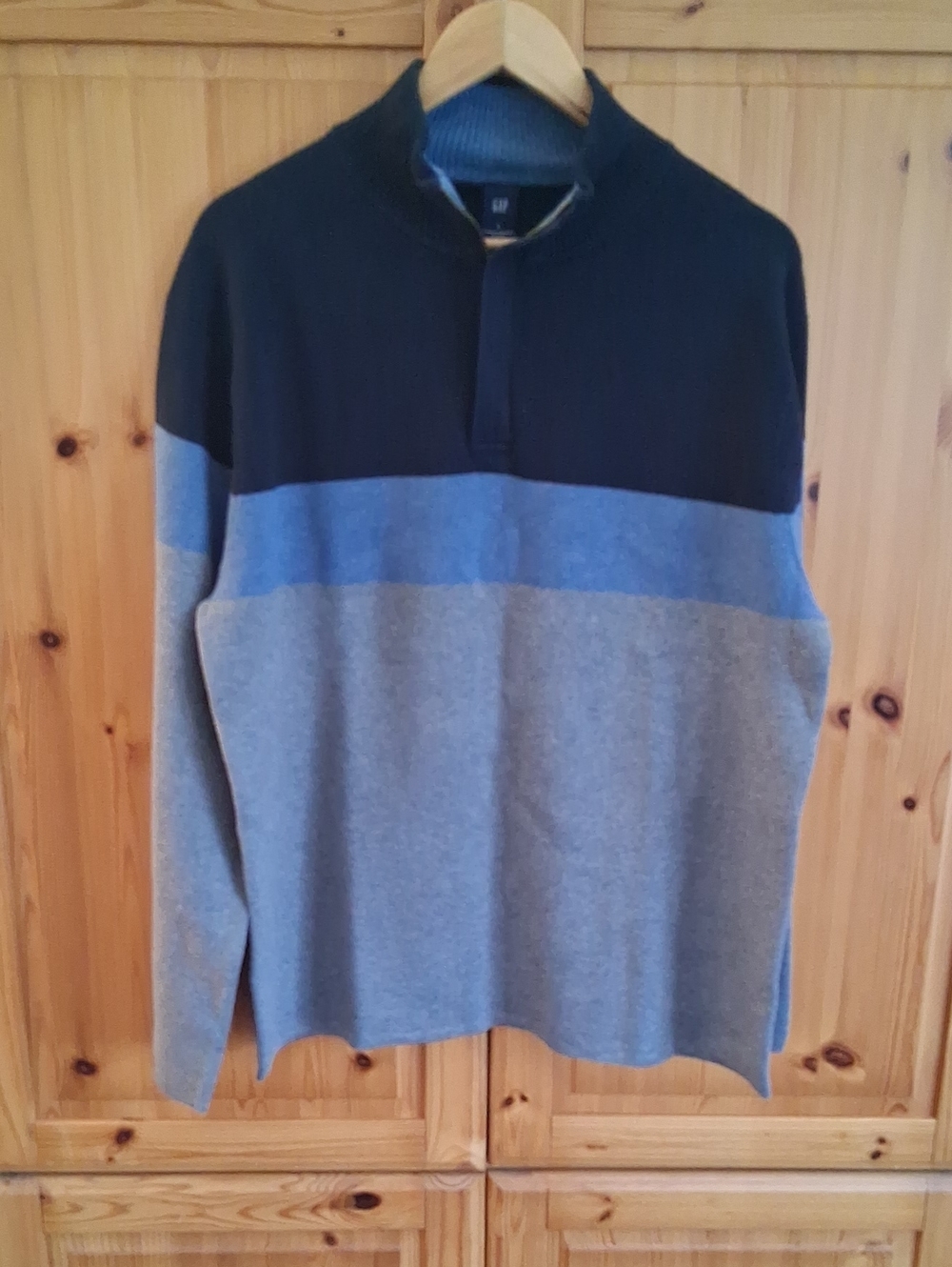 NWT GAP Navy Blue Gray Colorblock Stripe Quarter-Zip Athleisure Sweater Size L